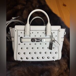 Coach White Leather Mini Swagger Studded Tote